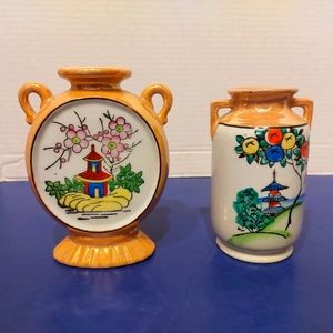 Vintage Japanese Porcelain Lusterware Vases Handpainted Scenes 5"/ 5.5"